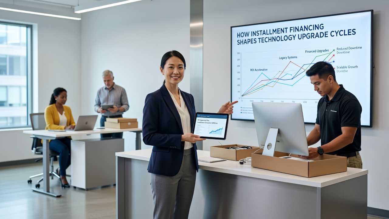 Business team examining new computer hardware and discussing upgrade schedules in an office setting